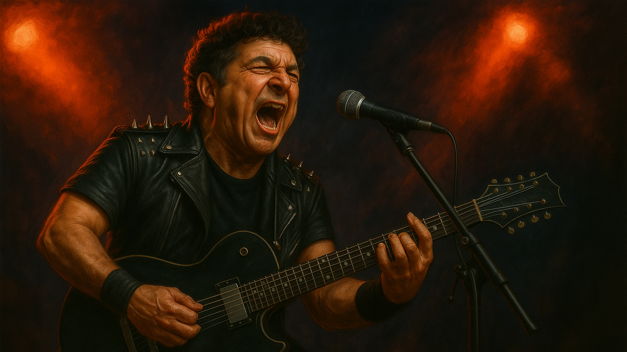 George is supercharging on stage with his guitar.