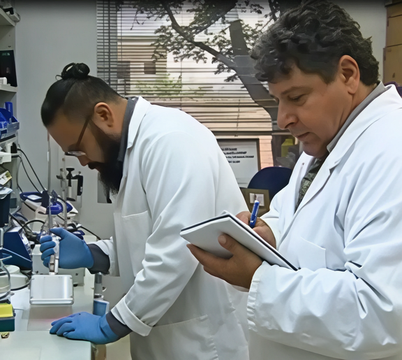 George taking notes in the lab.